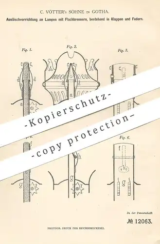 original Patent - C. Vötter Söhne , Gotha , 1880 , Auslöschvorrichtung an Lampen mit Flachbrenner | Brenner , Lampe !!!