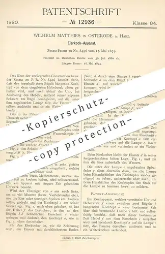 original Patent - Wilhelm Matthies , Osterode / Harz , 1880 , Eierkocher | Kochtopf | Eier , Kocher | Kochen , Koch , Ei