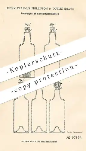original Patent - Henry Erasmus , Phillipson , Dublin , Irland , 1879 , Flaschenverschluss | Flasche | Verschluss !!