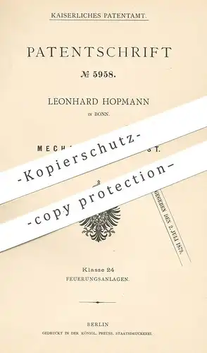 original Patent - Leonhard Hopmann , Bonn , 1878 , Mechanischer Rost | Ofenrost , Ofen , Feuerung , Ofenbauer !!!