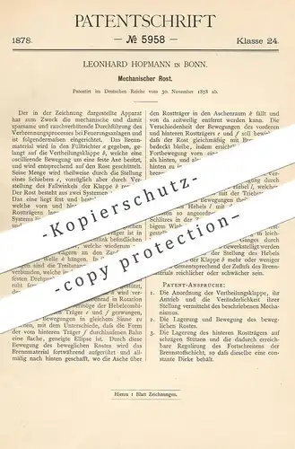 original Patent - Leonhard Hopmann , Bonn , 1878 , Mechanischer Rost | Ofenrost , Ofen , Feuerung , Ofenbauer !!!