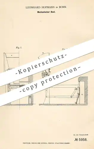 original Patent - Leonhard Hopmann , Bonn , 1878 , Mechanischer Rost | Ofenrost , Ofen , Feuerung , Ofenbauer !!!