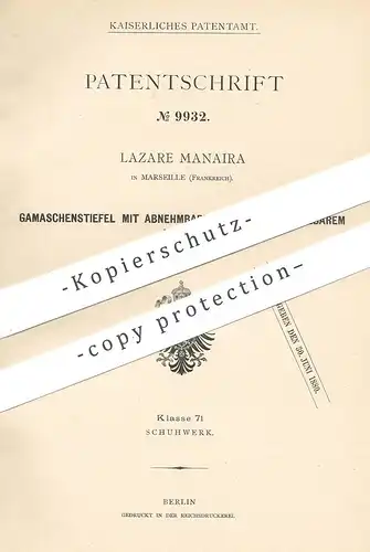 original Patent - Lazare Manaira , Marseille , Frankreich , 1879 , Gamaschenstiefel | Gamasche , Stiefel | Schuster !!