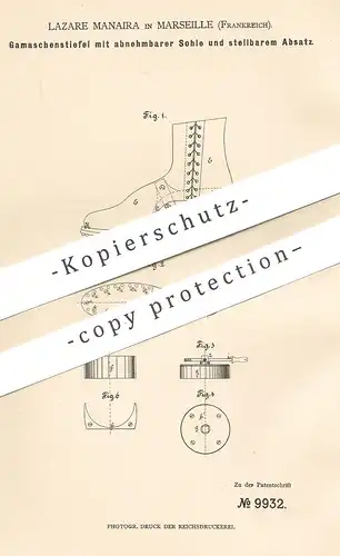 original Patent - Lazare Manaira , Marseille , Frankreich , 1879 , Gamaschenstiefel | Gamasche , Stiefel | Schuster !!