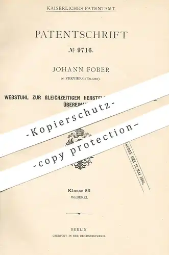 original Patent - Johann Fober , Verviers , Belgien , 1879 , Webstuhl zum Weben zweier Gewebe übereinander | Weber !!!