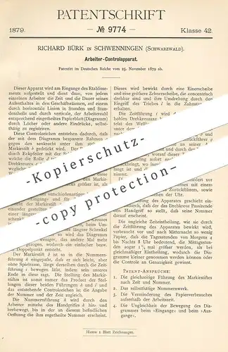 original Patent - Richard Bürk , Schwennigen 1879 , Arbeiter - Kontrollapparat | Zählwerk | Stechuhr , Uhr , Arbeitszeit