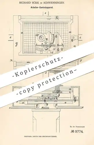 original Patent - Richard Bürk , Schwennigen 1879 , Arbeiter - Kontrollapparat | Zählwerk | Stechuhr , Uhr , Arbeitszeit