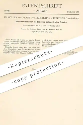 original Patent - Fr. Goller , Franz Wasgedstichan , Königsfeld / Brünn , 1879 | Rübenschnitzelmesser | Messer , Zucker