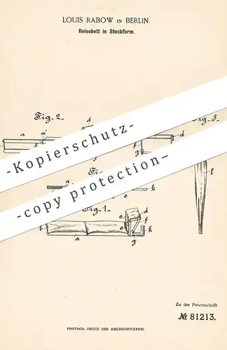 original Patent - Louis Rabow , Berlin , 1894 , klappbares Reisebett in Stockform | Bett , Betten , Liege , Möbel