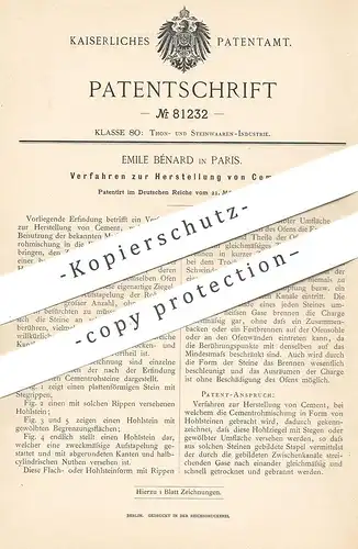 original Patent - Emile Bénard , Paris , Frankreich , 1894 , Herstellung von Zement | Cement | Ziegel , Ton , Beton !!