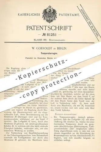 original Patent - W. Goeroldt , Berlin , 1894 , Temperaturregler | Temperatur , Regler | Heizung | Elektromagnet !!