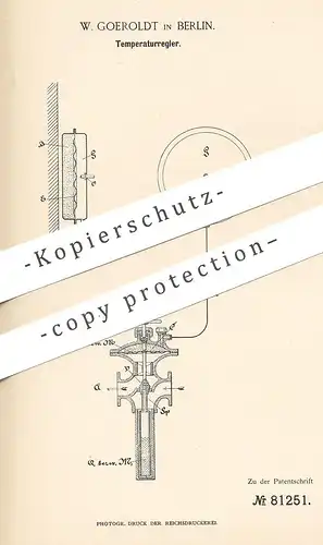 original Patent - W. Goeroldt , Berlin , 1894 , Temperaturregler | Temperatur , Regler | Heizung | Elektromagnet !!