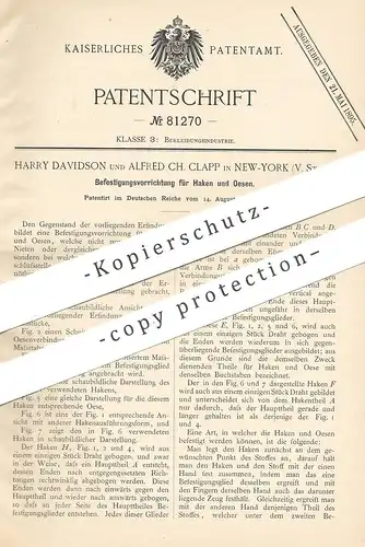 original Patent - Harry Davidson , Alfred Ch. Clapp , New York , USA , 1894 , Befestigung für Haken & Ösen an Bekleidung