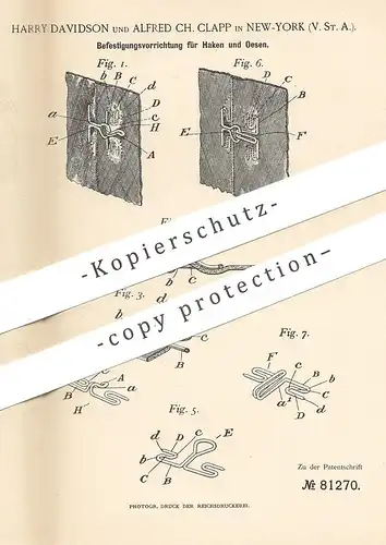 original Patent - Harry Davidson , Alfred Ch. Clapp , New York , USA , 1894 , Befestigung für Haken & Ösen an Bekleidung