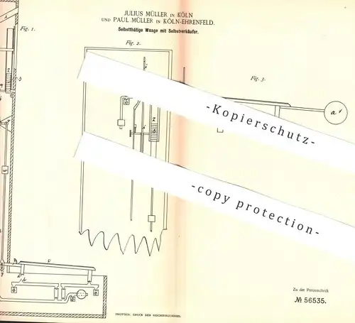 original Patent - Julius Müller | Paul Müller , Köln / Ehrenfeld , 1890 , Waage mit Selbstverkäufer | Waagen , Automat !