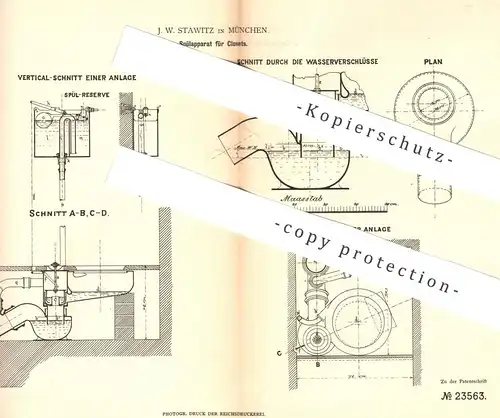 original Patent - J. W. Stawitz , München , 1882 , Spülung für Kloset | WC , Toilette , Klempner !!