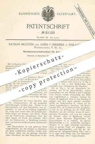 original Patent - Nathan Billstein , James F. Snediker , Philadelphia Pennsylvania USA , 1889 , Druckmaschine für Karten
