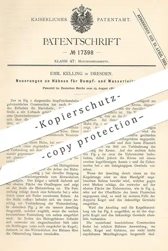 original Patent - Emil Kelling , Dresden 1881 , Hahn für Dampf- u. Wasserleitung | Wasserhahn , Klempner , Wasserleitung