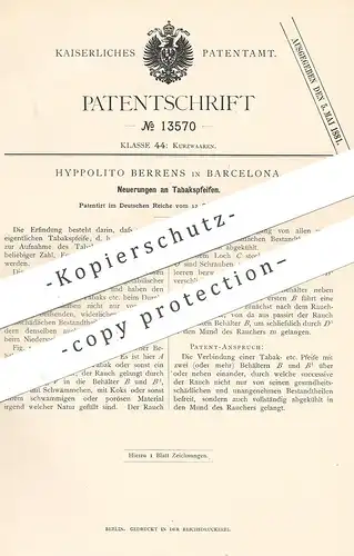 original Patent - Hyppolito Berrens , Barcelona , Spanien , 1880 , Tabakspfeife | Tabak - Pfeife | Pfeifen , Rauchen !!