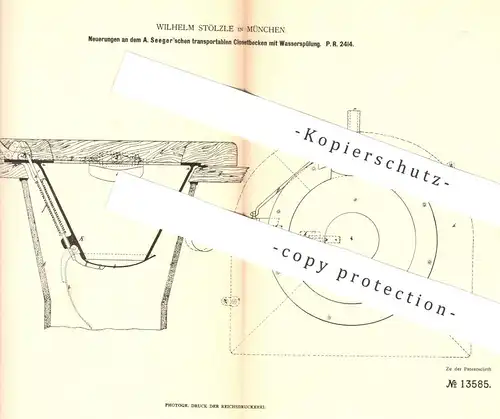 original Patent - Wilhelm Stölzle , München , 1880 , Klosetbecken mit Wasserspülung | Toilette , Kloset , WC | A. Seeger