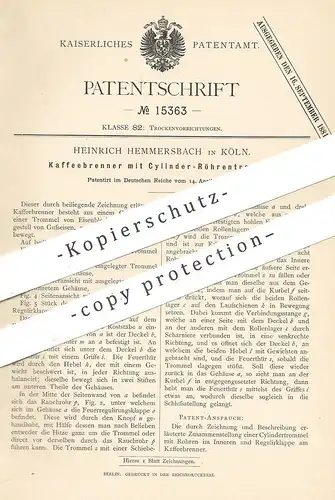 original Patent - Heinrich Hemmersbach , Köln / Rhein , 1881 , Kaffeebrenner mit Zylinder - Röhrentrommel | Kaffee !!!