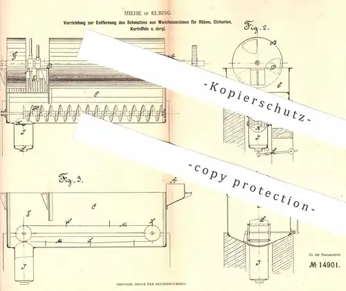 original Patent - Miehe , Elbing , 1880 , Reinigen der Waschmaschinen für Rüben , Kartoffeln | Zucker , Zuckerfabrik !