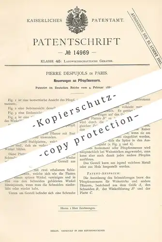 original Patent - Pierre Despujols , Paris , Frankreich , 1881 , Pfropfmesser | Messer für Weinstock | Wein | Pfropfen !