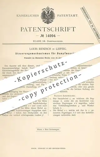 original Patent - Louis Renzsch , Leipzig , 1881 , Steuerung für Dampfmaschinen | Dampfmaschine | Motor , Motoren !!