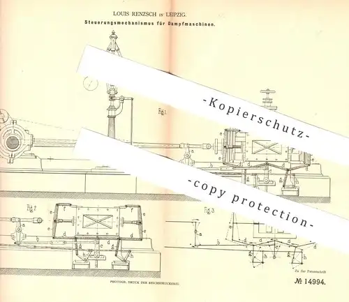 original Patent - Louis Renzsch , Leipzig , 1881 , Steuerung für Dampfmaschinen | Dampfmaschine | Motor , Motoren !!