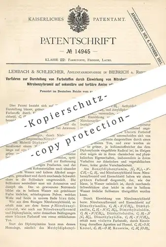 original Patent - Lembach & Schleicher , Anilinfarbenfabrik , Biebrich / Rhein  1880 , Darstellung von Farbstoff | Farbe