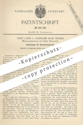 original Patent - John Gjers , Ayresome Iron Works , Middlesborough on Tees , England | 1885 , Gaserzeuger | Gas !