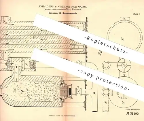 original Patent - John Gjers , Ayresome Iron Works , Middlesborough on Tees , England | 1885 , Gaserzeuger | Gas !