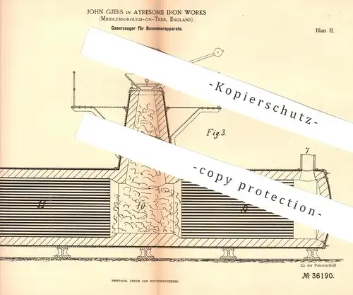 original Patent - John Gjers , Ayresome Iron Works , Middlesborough on Tees , England | 1885 , Gaserzeuger | Gas !