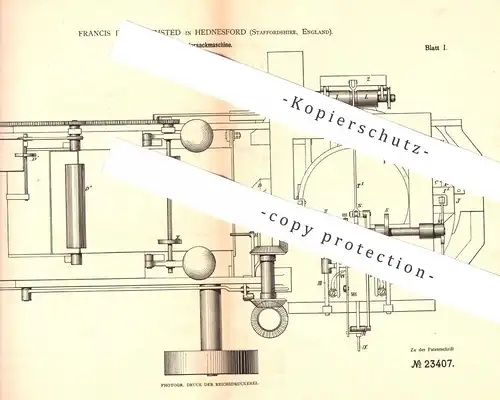 original Patent - Francis Dixon Bumsted , Hednesford , Staffordshire , England , 1882 , Papiersackmaschine | Papier Tüte