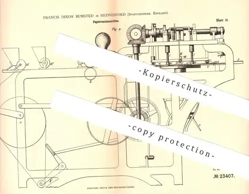 original Patent - Francis Dixon Bumsted , Hednesford , Staffordshire , England , 1882 , Papiersackmaschine | Papier Tüte