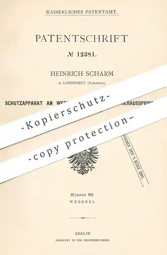 original Patent - Heinrich Scharm , Landeshut , Schlesien , 1879 , Schutz am Webstuhl | Webstühle , Weber , Weben !!!