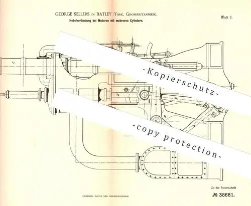 original Patent - George Sellers , Batley , York , England , 1886 , Hebelverbindung bei Motoren mit mehreren Zylindern