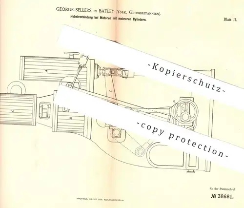 original Patent - George Sellers , Batley , York , England , 1886 , Hebelverbindung bei Motoren mit mehreren Zylindern