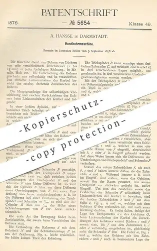 original Patent - A. Hansse , Darmstadt  1878 , Handbohrmaschine | Hand - Bohrmaschine | Bohren , Bohrer , Bohrmaschinen