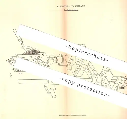 original Patent - A. Hansse , Darmstadt  1878 , Handbohrmaschine | Hand - Bohrmaschine | Bohren , Bohrer , Bohrmaschinen