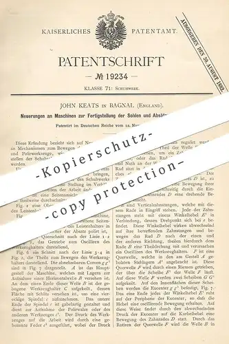 original Patent - John Keats , Bagnal , England , 1881 , Maschine für Sohle u. Absatz an Schuhwerk | Schuhe , Schuster