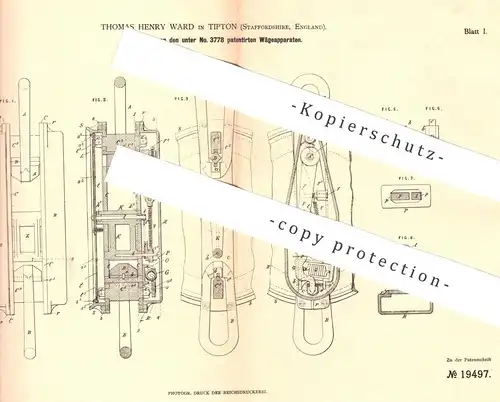 original Patent - Thomas Henry Ward , Tipton , Staffordshire , England , 1882 , Wägeapparat | Waage , Hebezeug , Aufzug
