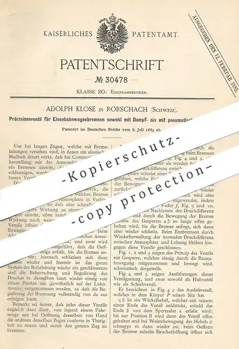 original Patent - Adolph Klose , Rorschach , Schweiz , 1883 , Ventil für Eisenbahnwagenbremsen | Eisenbahn - Bremsen