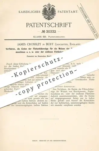 original Patent - James Crossley , Bury , Lancaster , England , 1884 , Walzen an Druckpressen , Papiermaschinen | Presse