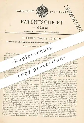 original Patent - Dr. Eduard Jordis , München , 1895 , elektrolytische Abscheidung von Metall | Chemie , Metalle , Salze