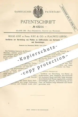 original Patent - Hugo Just | Just & Co. , Leipzig / Plagwitz , 1887 , Platten für Koffer aus Korkmehl , Kalk | Holz !!!