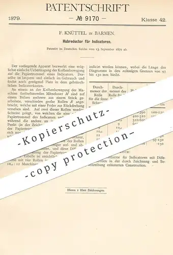 original Patent - F. Knüttel , Barmen , 1879 , Hubreduktor für Indikator | Indikatoren | Kolben , Papier !!!