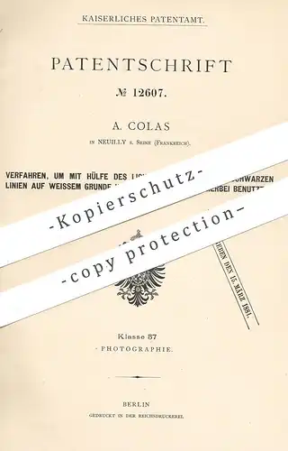 original Patent - A. Colas , Neuilly / Seine / Frankreich , 1880 , Zeichnungen | Licht , Papier , Photography , Fotograf