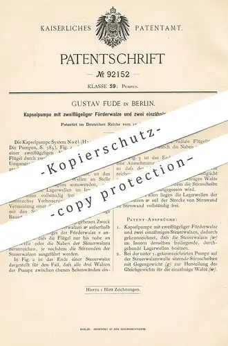 original Patent - Gustav Fude , Berlin , 1896 , Kapselpumpe mit Walzen | Pumpe , Pumpen | Noël !!!