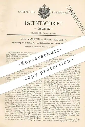original Patent - Chn. Mansfeld , Leipzig / Reudnitz , 1896 , Kupplung der Tische einer Prägepresse | Papier , Presse !!